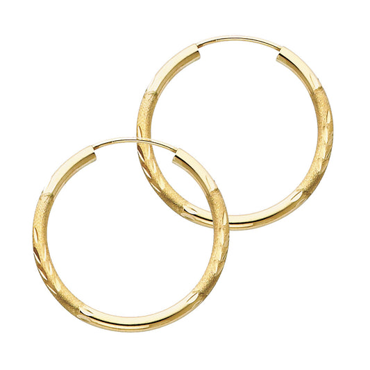 14K Yellow Gold Hollow Satin-Finish / Diamond Cut Hoop Earrings 2.0mm Thick Aprox 1.0" in Diameter