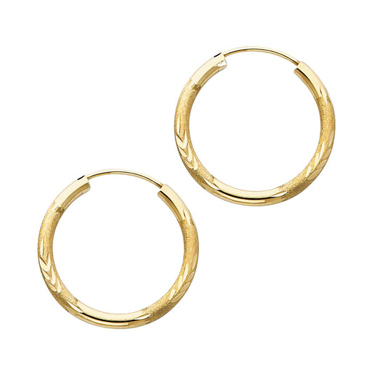 14K Yellow Gold Hollow Satin-Finish / Diamond Cut Hoop Earrings 2.0mm Thick Aprox 0.8" in Diameter