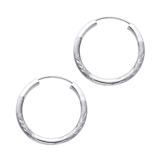 14K White Gold Hollow Satin-Finish / Diamond Cut Hoop Earrings 2.0mm Thick Aprox 0.8" in Diameter