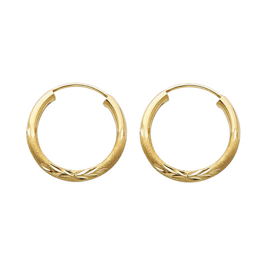 14K Yellow Gold Hollow Satin-Finish / Diamond Cut Hoop Earrings 2.0mm Thick Aprox 0.7" in Diameter