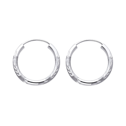 14K White Gold Hollow Satin-Finish / Diamond Cut Hoop Earrings 2.0mm Thick Aprox 0.8" in Diameter