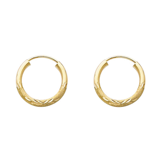 14K Yellow Gold Hollow Satin-Finish / Diamond Cut Hoop Earrings 2.0mm Thick Aprox 0.6" in Diameter