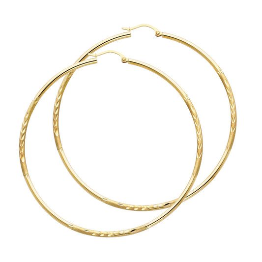 14K Yellow Gold Hollow Satin-Finish / Diamond Cut Hoop Earrings 2.0mm Thick Aprox 2.4" in Diameter