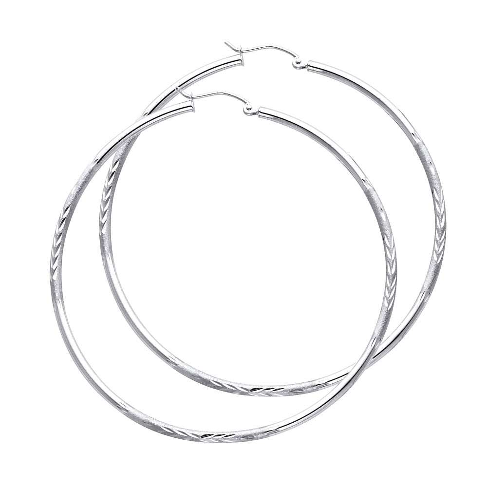 14K White Gold Hollow Satin-Finish / Diamond Cut Hoop Earrings 2.0mm Thick Aprox 0.8" in Diameter