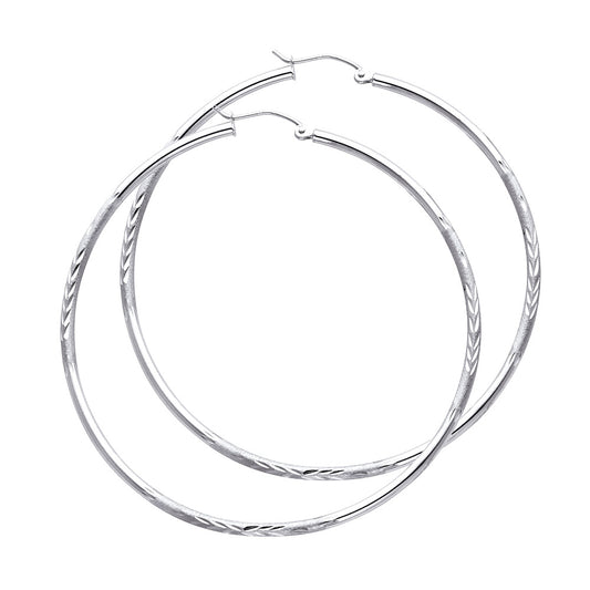14K White Gold Hollow Satin-Finish / Diamond Cut Hoop Earrings 2.0mm Thick Aprox 0.8" in Diameter