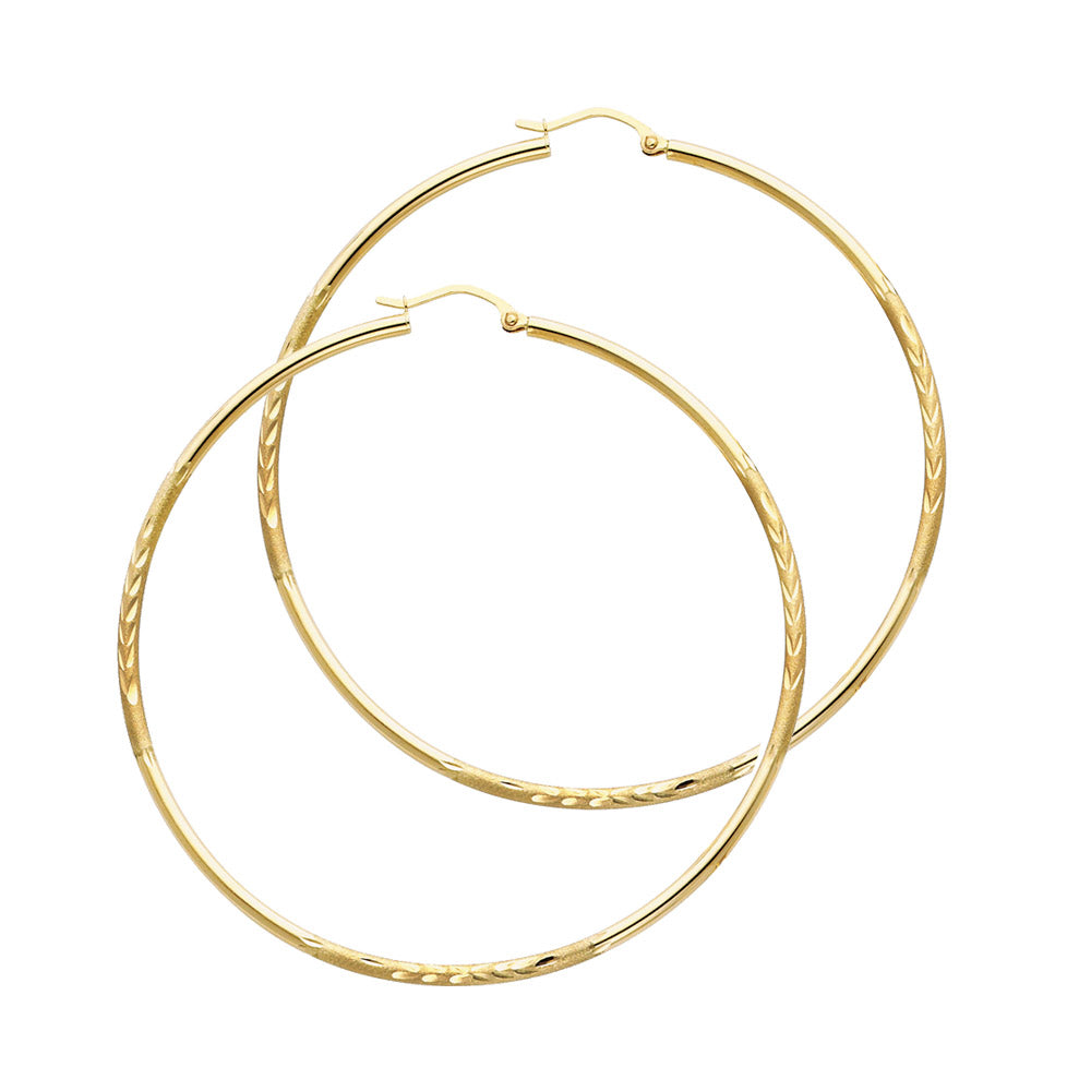 14K Yellow Gold Hollow Satin-Finish / Diamond Cut Hoop Earrings 2.0mm Thick Aprox 2.0" in Diameter