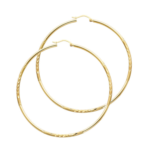 14K Yellow Gold Hollow Satin-Finish / Diamond Cut Hoop Earrings 2.0mm Thick Aprox 2.0" in Diameter