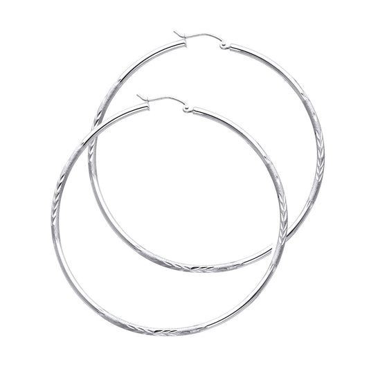 14K White Gold Hollow Satin-Finish / Diamond Cut Hoop Earrings 2.0mm Thick Aprox 0.8" in Diameter