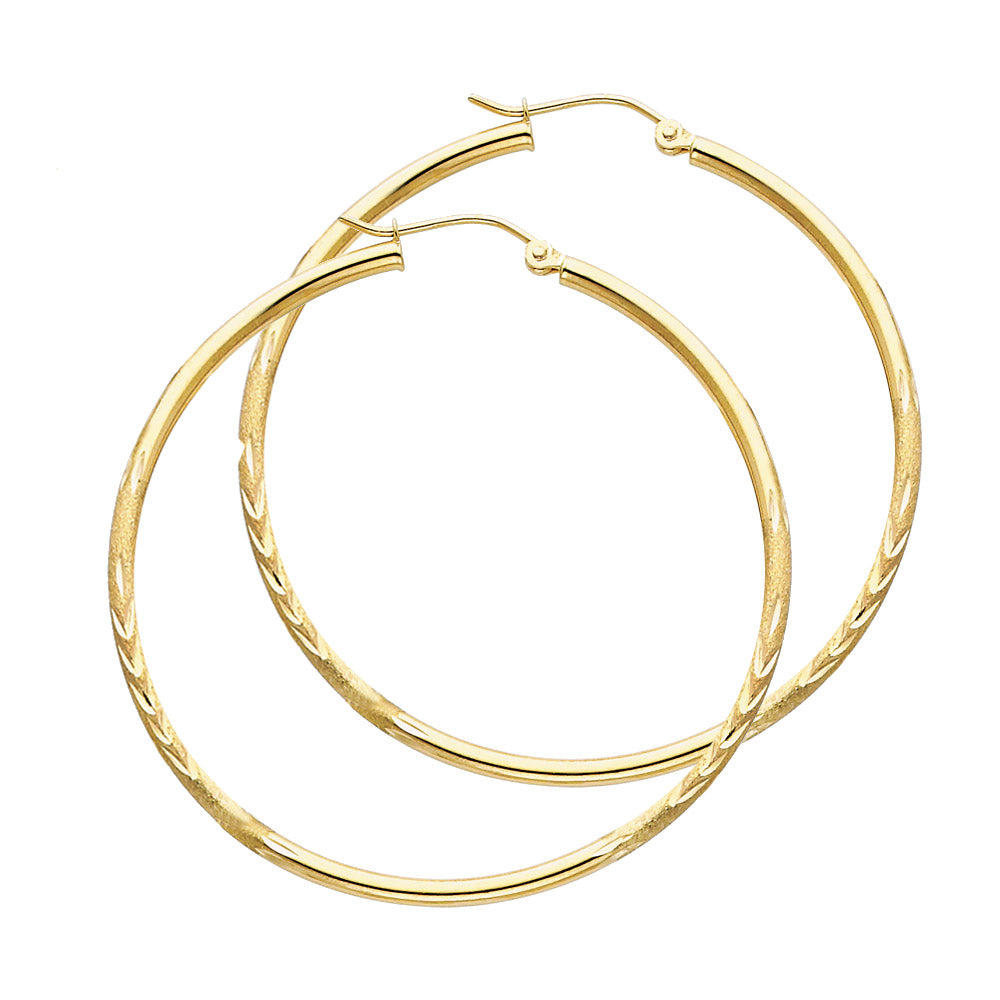 14K Yellow Gold Hollow Satin-Finish / Diamond Cut Hoop Earrings 2.0mm Thick Aprox 1.6" in Diameter