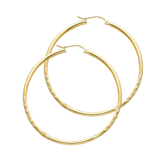 14K Yellow Gold Hollow Satin-Finish / Diamond Cut Hoop Earrings 2.0mm Thick Aprox 1.2" in Diameter
