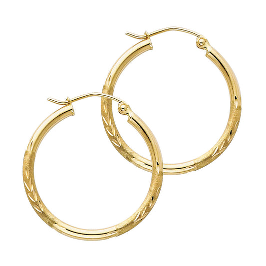 14K Yellow Gold Hollow Satin-Finish / Diamond Cut Hoop Earrings 2.0mm Thick Aprox 0.8" in Diameter