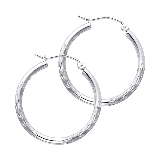 14K White Gold Hollow Satin-Finish / Diamond Cut Hoop Earrings 2.0mm Thick Aprox 0.8" in Diameter