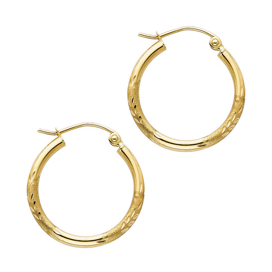 14K Yellow Gold Hollow Satin-Finish / Diamond Cut Hoop Earrings 2.0mm Thick Aprox 0.7" in Diameter
