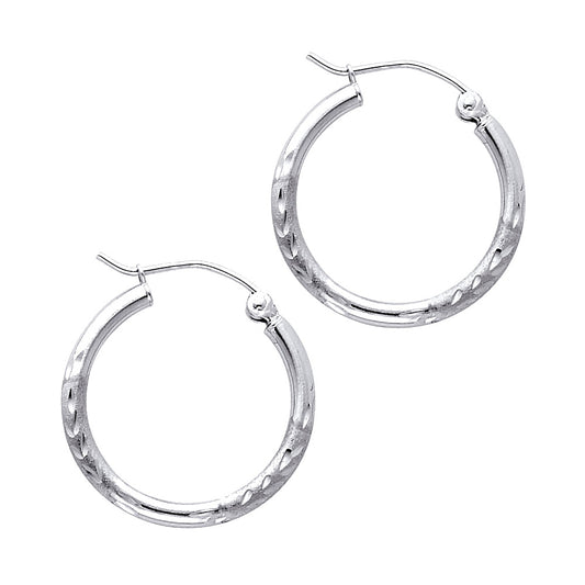 14K White Gold Hollow Satin-Finish / Diamond Cut Hoop Earrings 2.0mm Thick Aprox 0.8" in Diameter