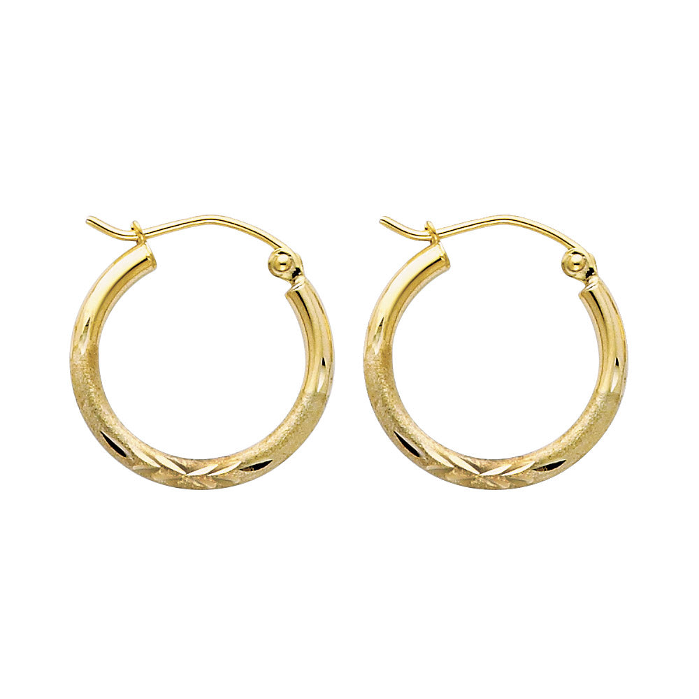 14K Yellow Gold Hollow Satin-Finish / Diamond Cut Hoop Earrings 2.0mm Thick Aprox 0.6" in Diameter