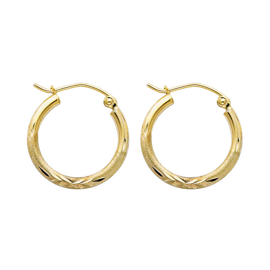 14K Yellow Gold Hollow Satin-Finish / Diamond Cut Hoop Earrings 2.0mm Thick Aprox 0.6" in Diameter
