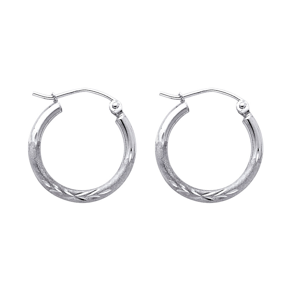 14K White Gold Hollow Satin-Finish / Diamond Cut Hoop Earrings 2.0mm Thick Aprox 0.8" in Diameter