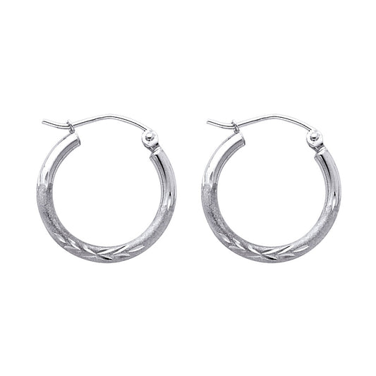14K White Gold Hollow Satin-Finish / Diamond Cut Hoop Earrings 2.0mm Thick Aprox 0.8" in Diameter