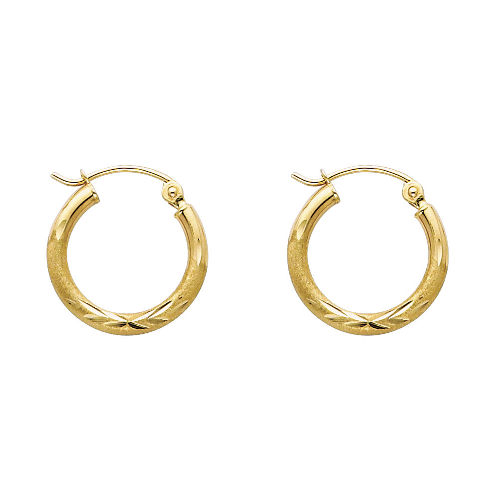 14K Yellow Gold Hollow Satin-Finish / Diamond Cut Hoop Earrings 2.0mm Thick Aprox 0.5" in Diameter