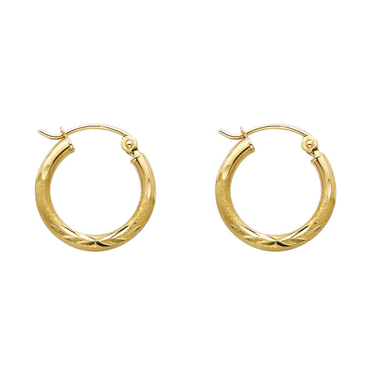 14K Yellow Gold Hollow Satin-Finish / Diamond Cut Hoop Earrings 2.0mm Thick Aprox 0.5" in Diameter