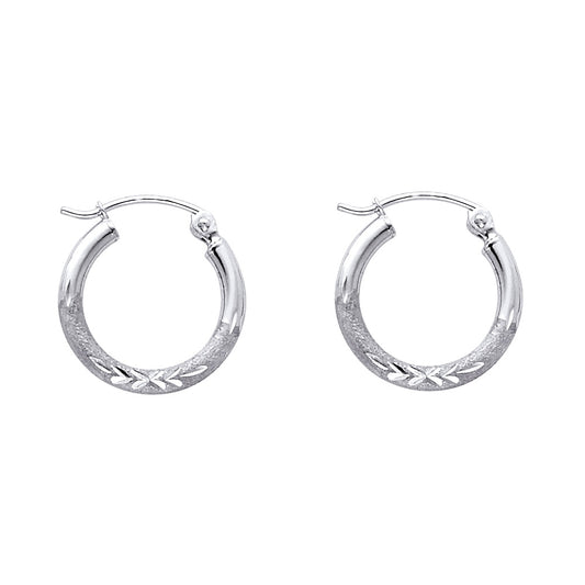 14K White Gold Hollow Satin-Finish / Diamond Cut Hoop Earrings 2.0mm Thick Aprox 0.8" in Diameter