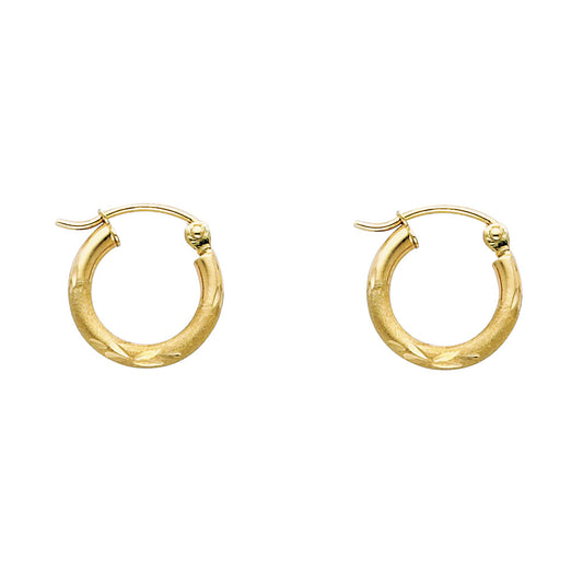 14K Yellow Gold Hollow Satin-Finish / Diamond Cut Hoop Earrings 2.0mm Thick Aprox 0.4" in Diameter