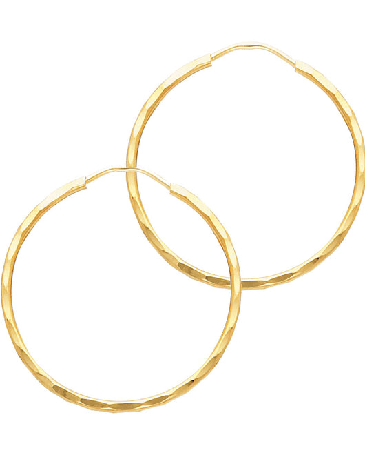 14K Yellow Gold Diamond-Cut 1.5mm Textured Round Hoop Earrings Thick Aprox 1.0