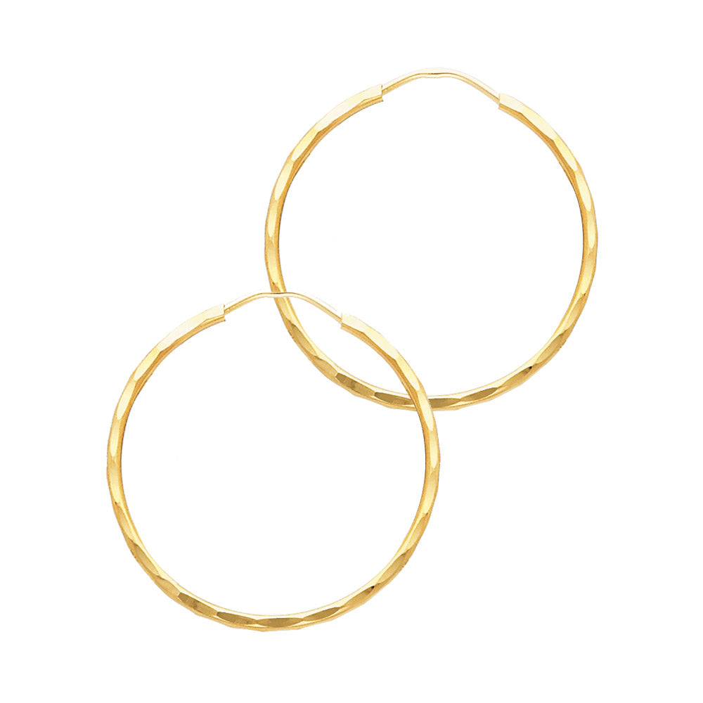 14K Yellow Gold Diamond-Cut 1.5mm Textured Round Hoop Earrings Thick Aprox 0.8" in Diameter