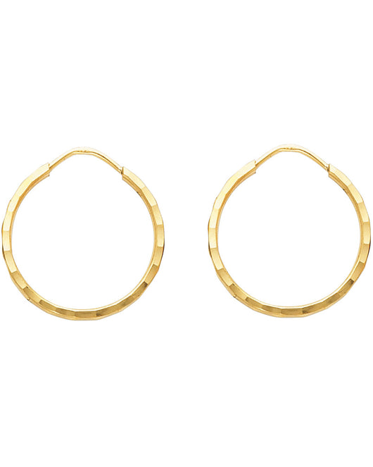 14K Yellow Gold Diamond-Cut 1.5mm Textured Round Hoop Earrings Thick Aprox 0.6
