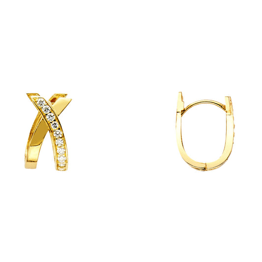 14K Yellow Gold X-Design CZ Hoop Earrings aprox 1/2" tall