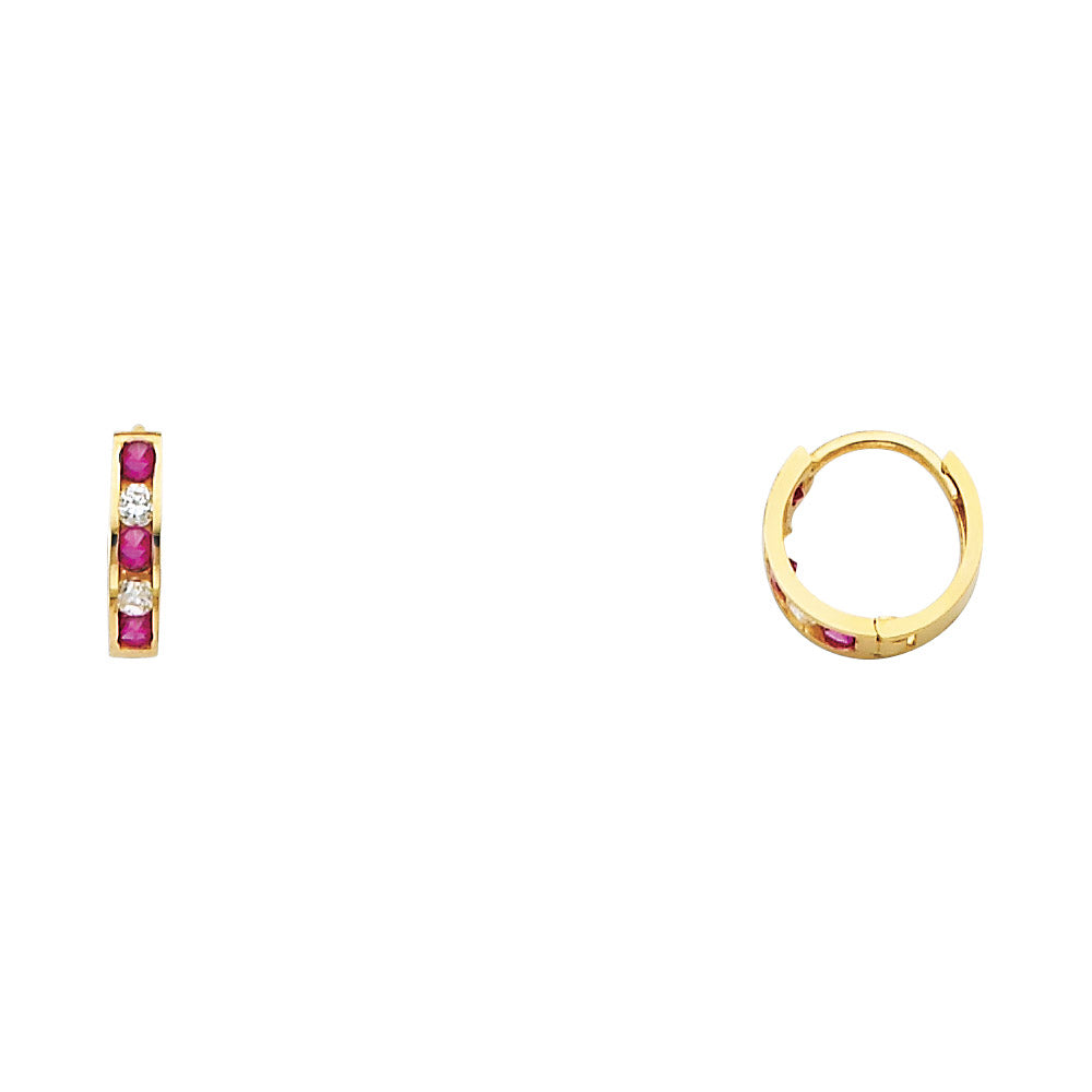 14K Yellow Gold Ruby & CZ Channel-Set Hoop Earrings aprox 1/2" in diameter