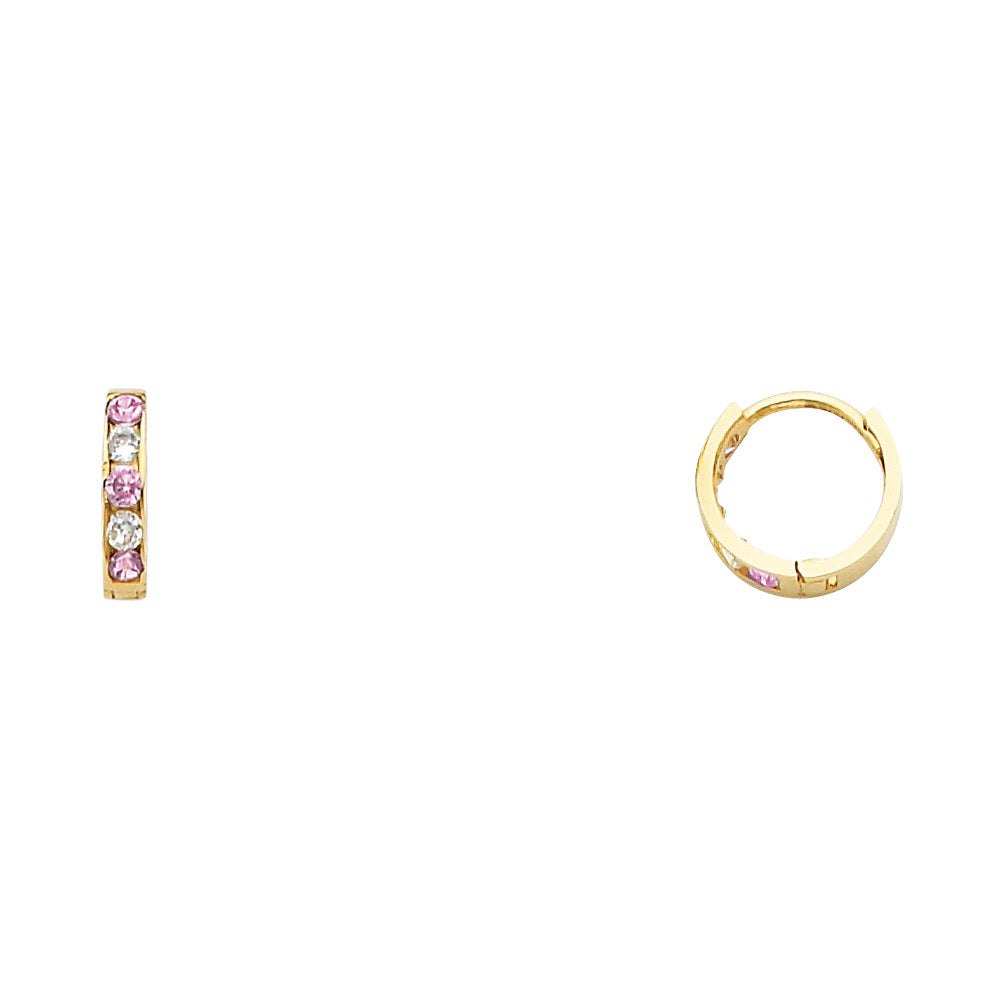 14K Yellow Gold Pink CZ & White CZ Channel-Set Hoop Earrings aprox 1/2" in diameter