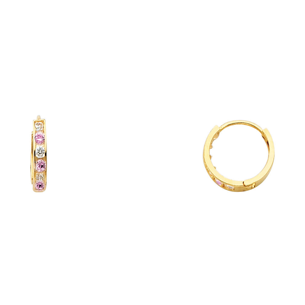 14K Yellow Gold Pink CZ & White CZ Channel-Set Hoop Earrings aprox 1/2" in diameter