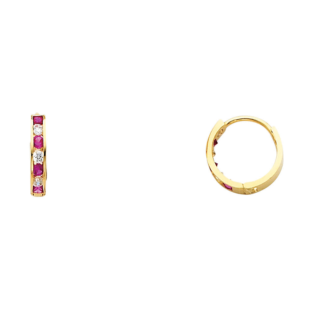 14K Yellow Gold Red CZ & White CZ Channel-Set Hoop Earrings aprox 1/2" in diameter