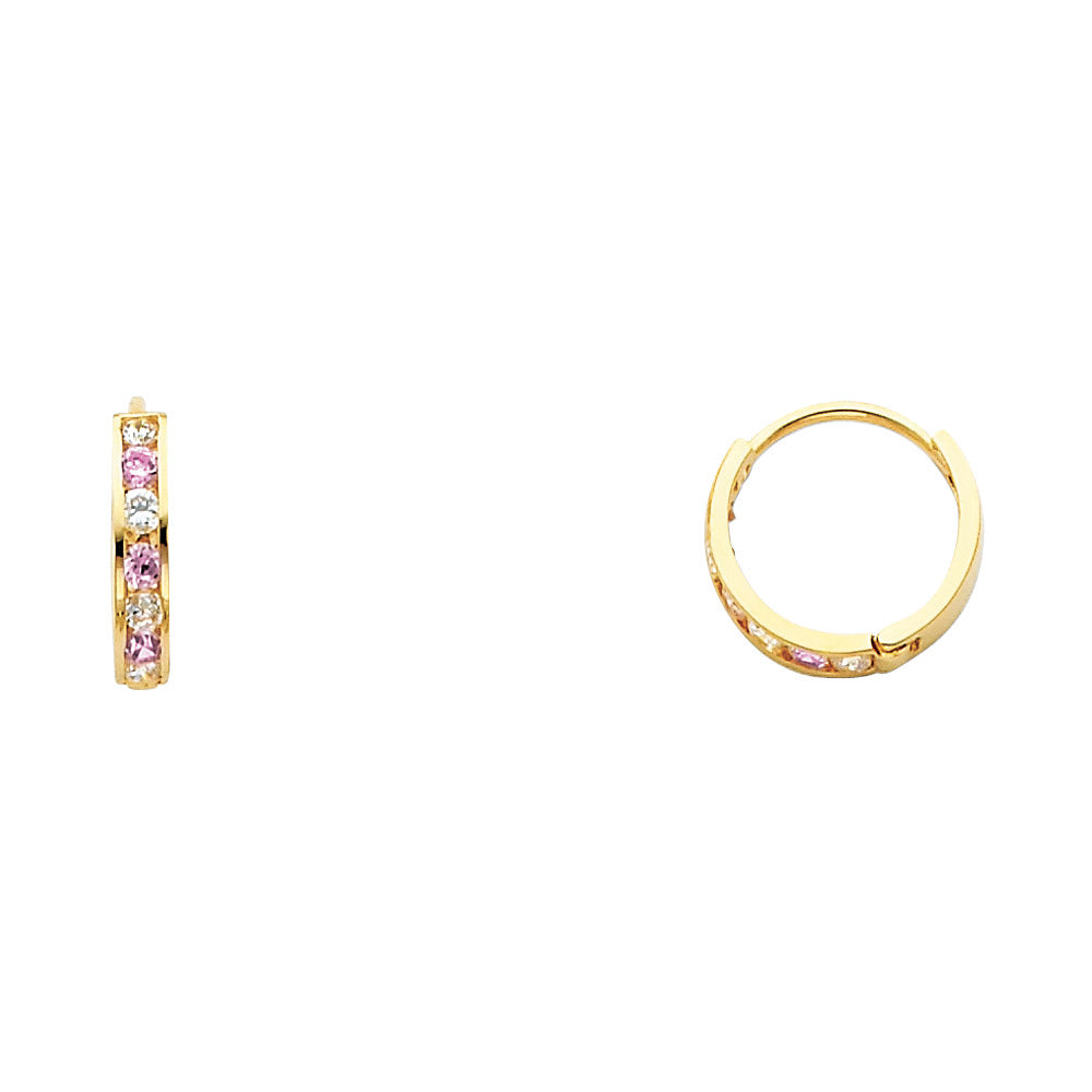 14K Yellow Gold Pink CZ & White CZ Channel-Set Hoop Earrings aprox 1/2" in diameter
