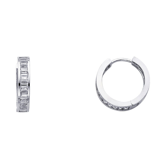 14K White Gold Baguette-Cut CZ Channel-Set Hoop Earrings aprox 1/2" in diameter