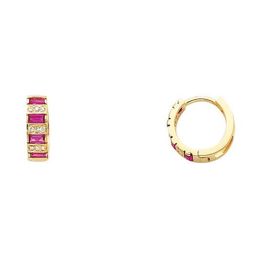 14K Yellow Gold Ruby & CZ Baguette-Style Hoop Earrings aprox 1/2" in diameter