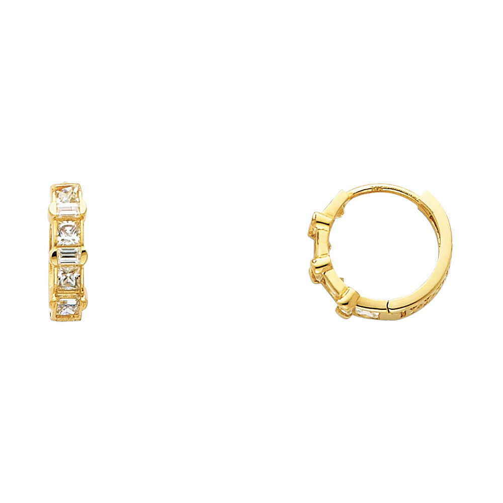 14K Yellow Gold CZ Princess Cut Hoop Earrings aprox 1/2" in diameter