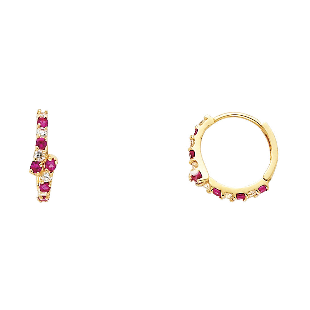 14K Yellow Gold Ruby & CZ Hoop Earrings aprox 1/2" in diameter