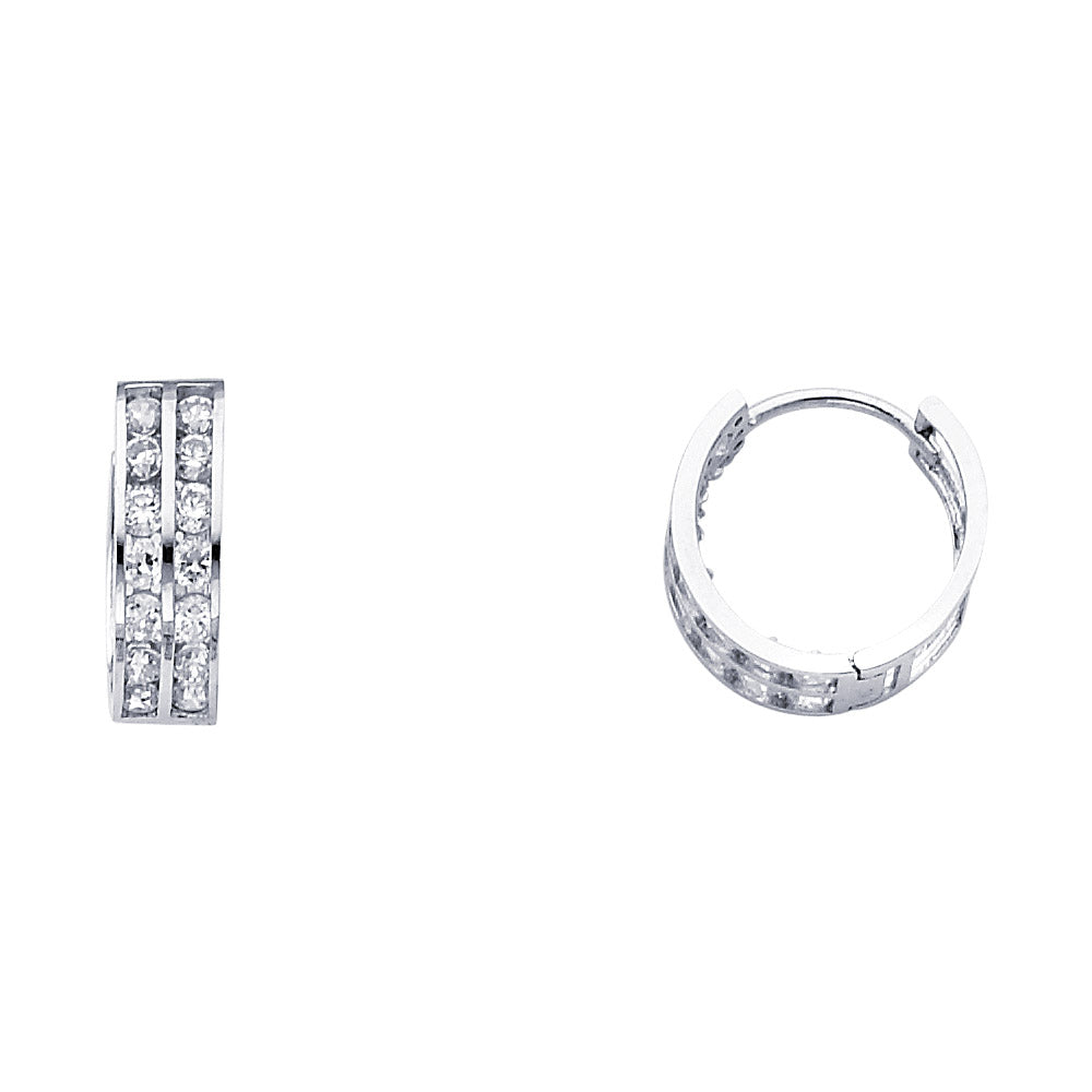 14K White Gold 2-Line Huggie CZ Earrings