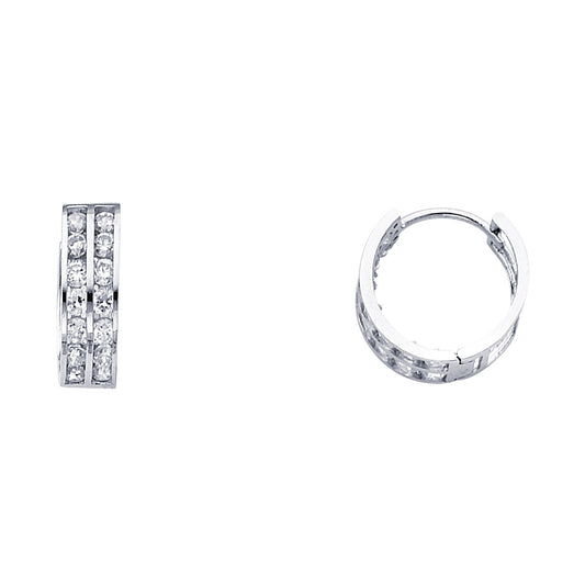 14K White Gold 2-Line Huggie CZ Earrings