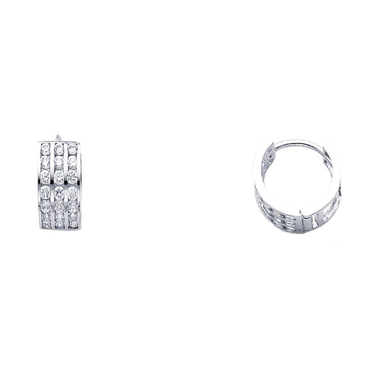 14K White Gold 3-Line Huggie CZ Earrings