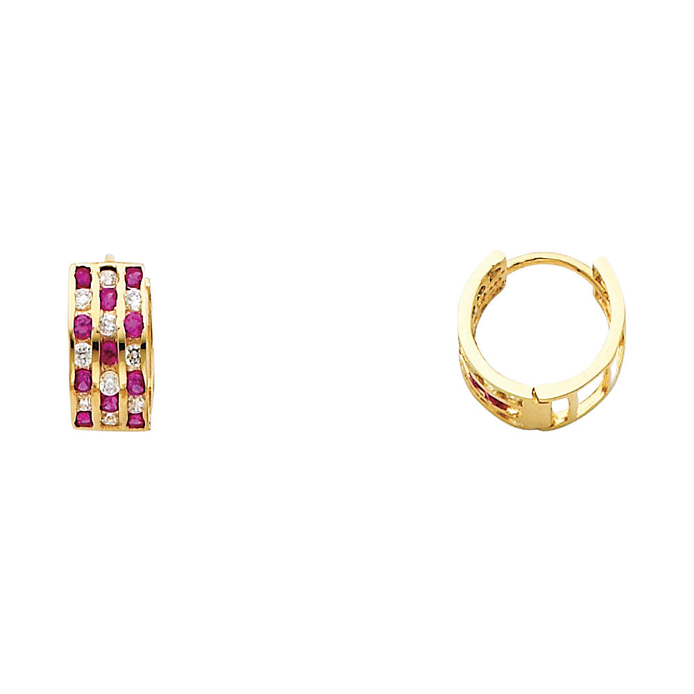 14K Yellow Gold Triple-Line Red and White CZ Hoop Earrings aprox 1/2" in diameter