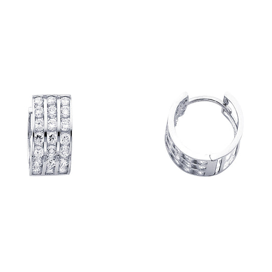 14K White Gold 3-Line Huggie CZ Earrings