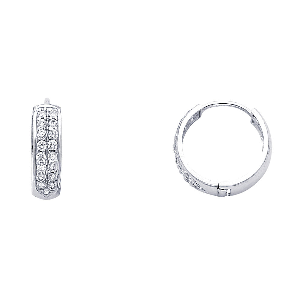 14K White Gold 2-Line Huggie CZ Earrings