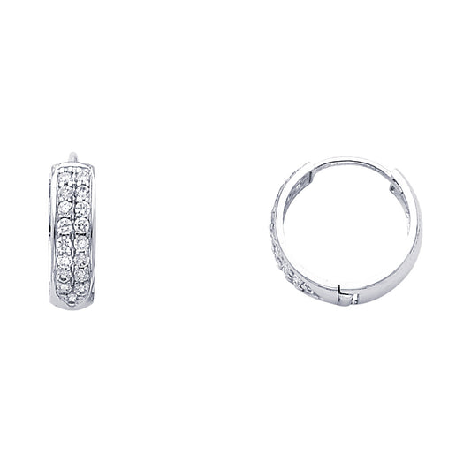 14K White Gold 2-Line Huggie CZ Earrings