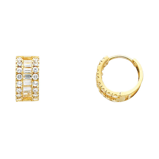 14K Yellow Gold Baguette and Round CZ Huggie Earrings
