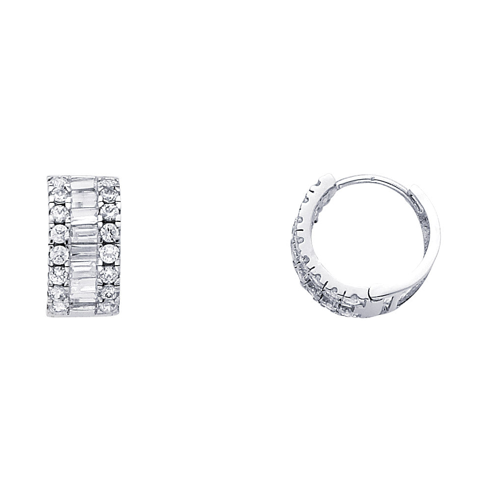 14K White Gold Baguette and Round CZ Huggie Earrings