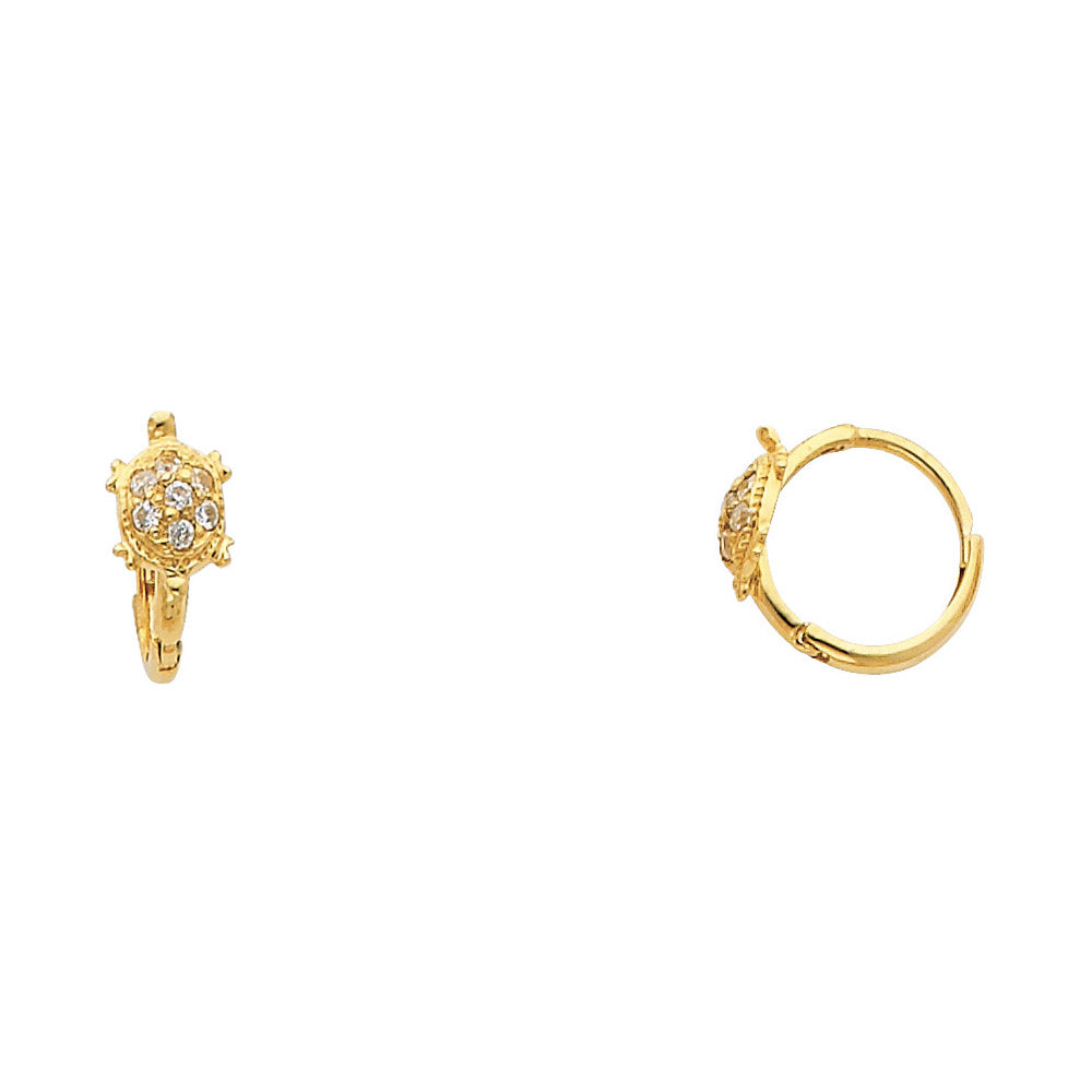 14K Yellow Gold Turtle Design Hoop CZ Earrings