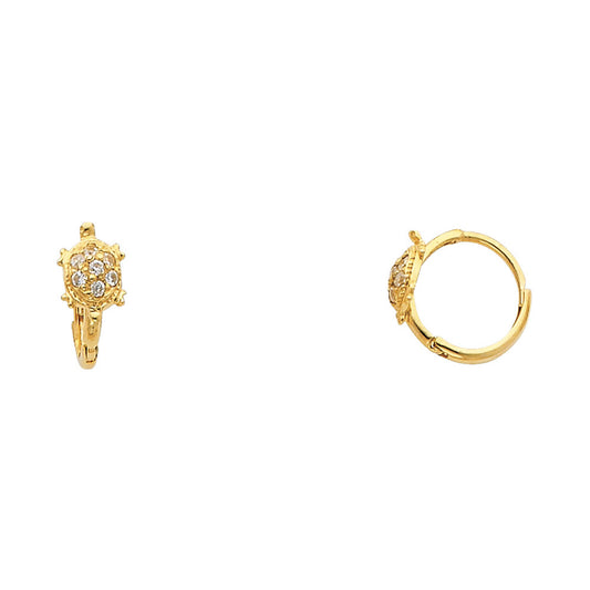 14K Yellow Gold Turtle Design Hoop CZ Earrings